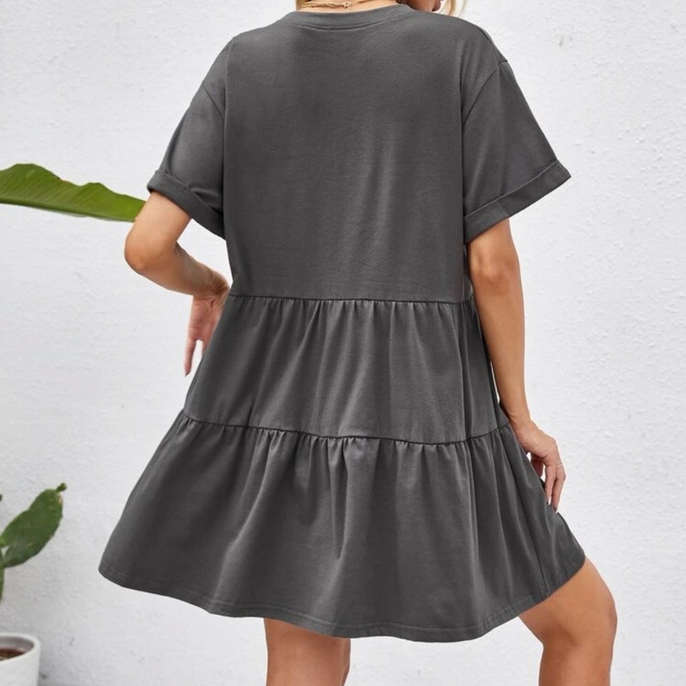 Tiered rolled short sleeve babydoll dress boho gray - Picture 2 of 4